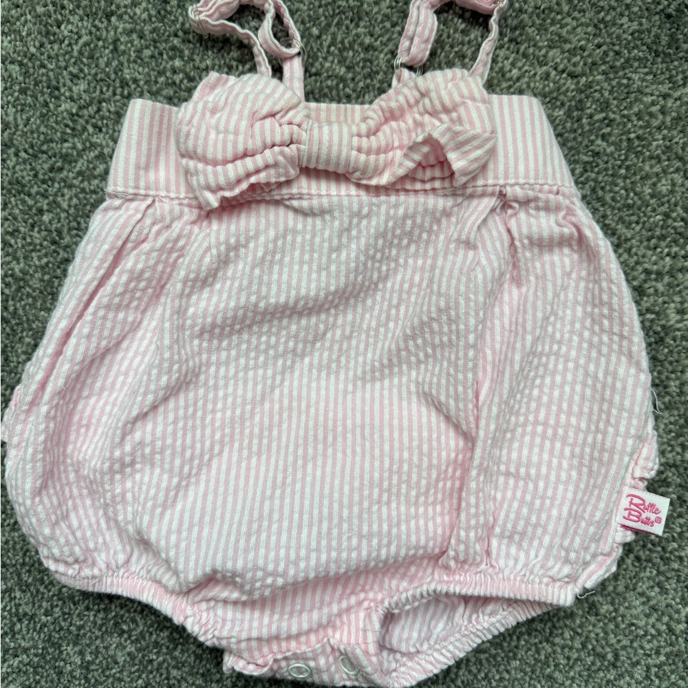 Ruffle Butts Pink and White Seersucker Romper